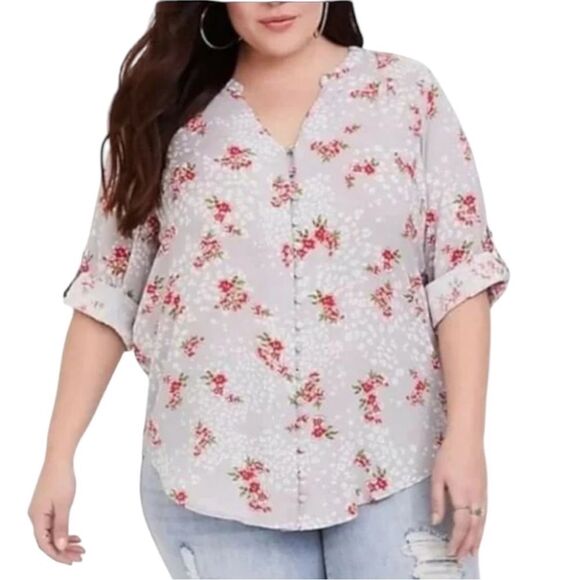 Torrid Blouse Harper Challis Leopard Floral Print Gray Red Womens Size 3X - Picture 1 of 11